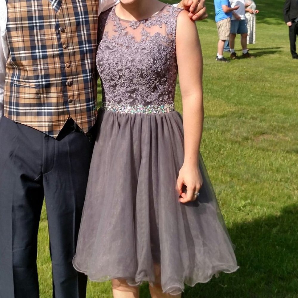 Grey Short Sequined Floral Prom Dress
